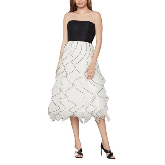 BCBGMAXAZRIA strapless tulle ruffled skirt midi dress off white combo black 6 - Picture 2 of 15